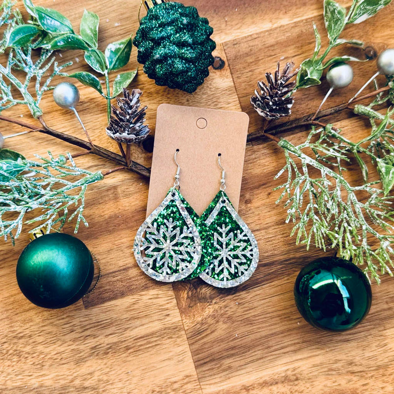 Sparkly Green Snowflake - Earrings